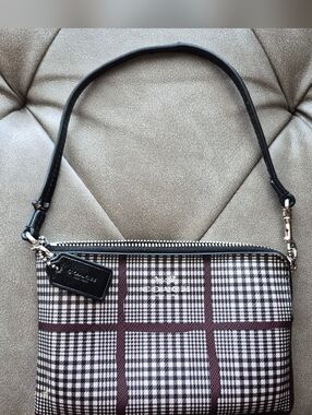 Coach Plaid Wristlet in Plum, Black & White